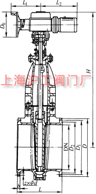 Z945T、Z945W 型 PN6、PN10 型鑄鐵電動暗桿楔式閘閥主要外形及結(jié)構(gòu)尺寸示意圖